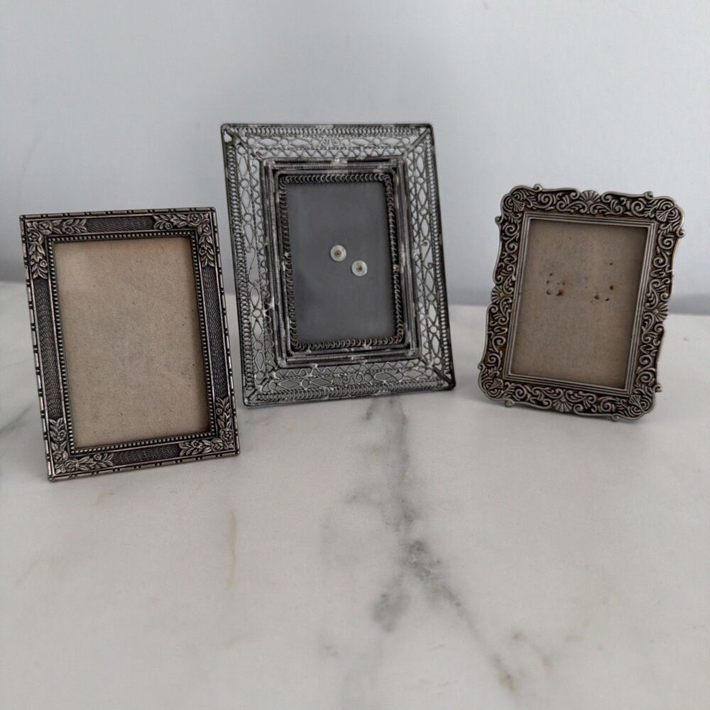 Vintage Antique Pewter Silver Tone Frames Set Of 3 3x2 Floral Filigree